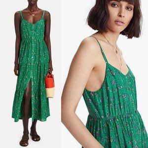 XIRENA Cotton & Silk Green Floral Button Front Sleeveless Tiered Midi Dress XS